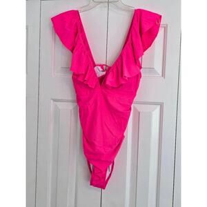 NWT Bright Pink Ruffle Trim Deep VNeck Sleeveless Onepiece Swimsuit‎ Medium
